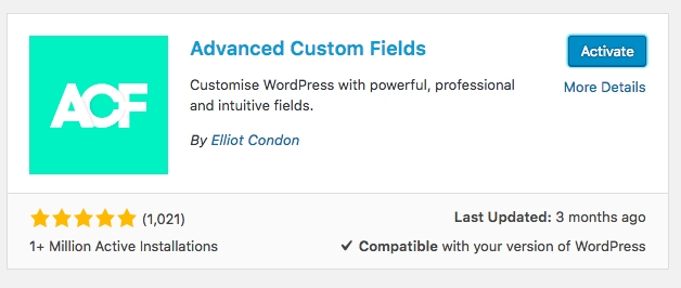 Advanced custom fields, active installs and current reviews