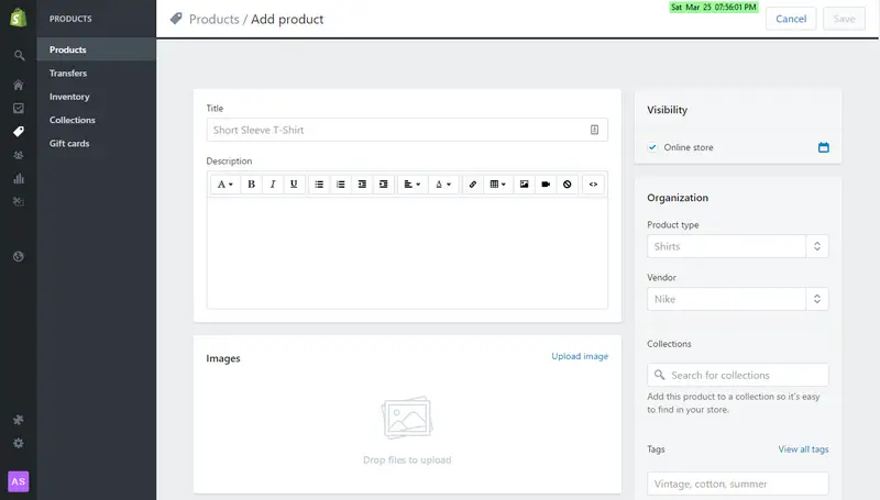 Shopify crea prodotto