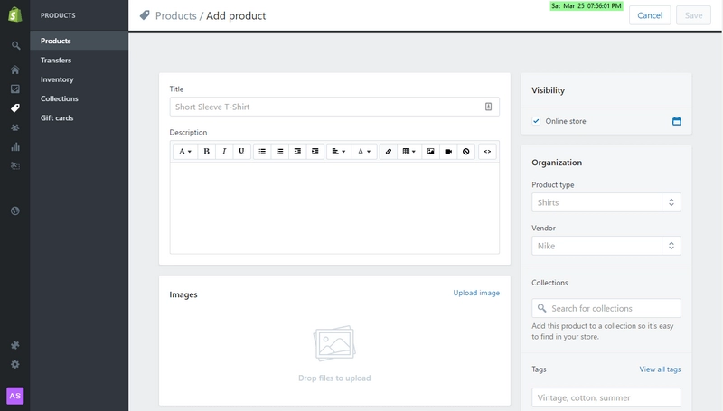 Shopify crear producto