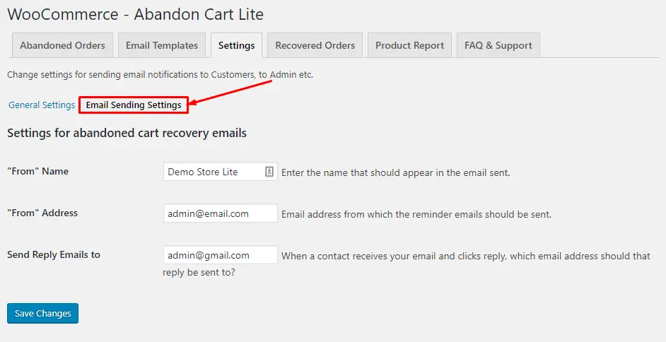 Configurações de envio de e-mail