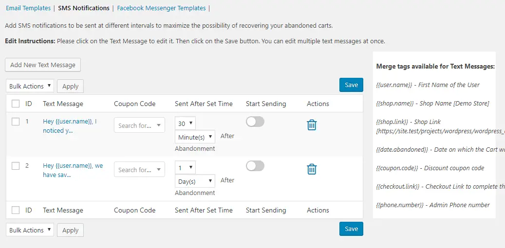 SMS notifications settings