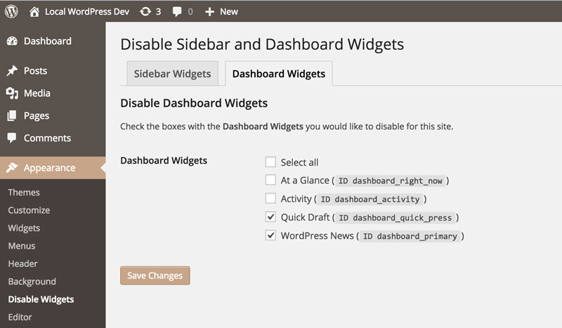 disable dashboard widgets screenshot