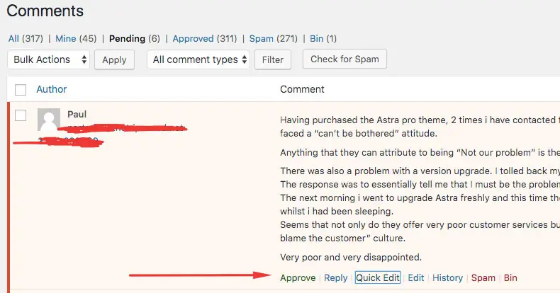 Moderation eines WordPress-Kommentars