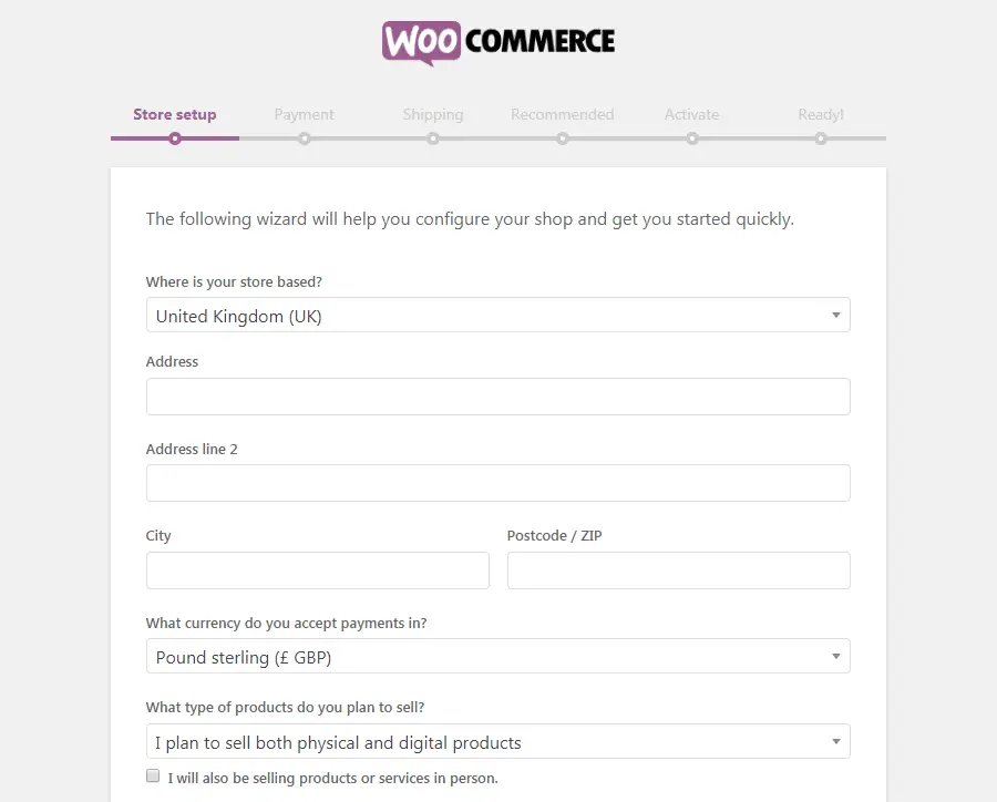 Página de configuração do WooCommerce