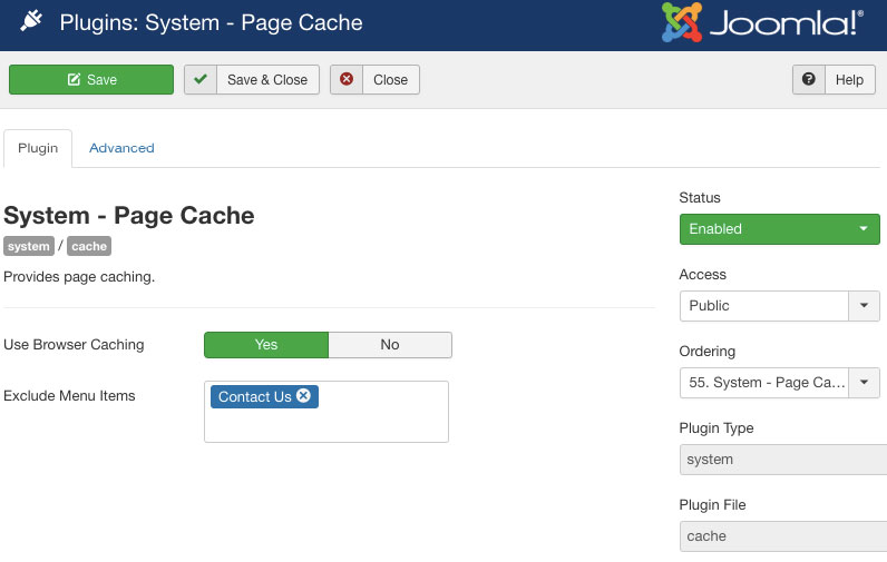 habilitar o plugin de cache de página do sistema joomla