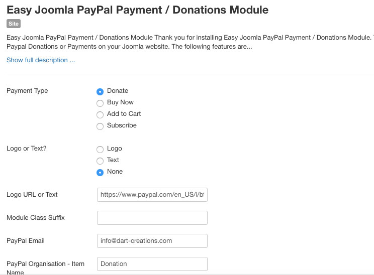 Joomla PayPal modulparametere