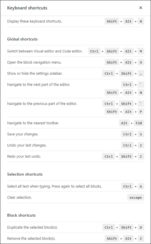 block editor shortcut keys