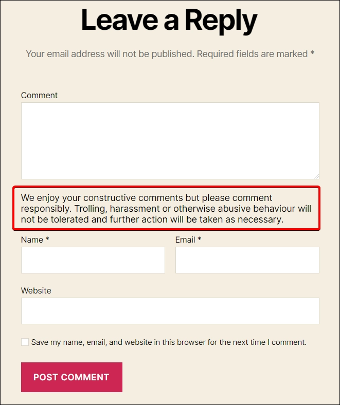 custom comment text guidelines