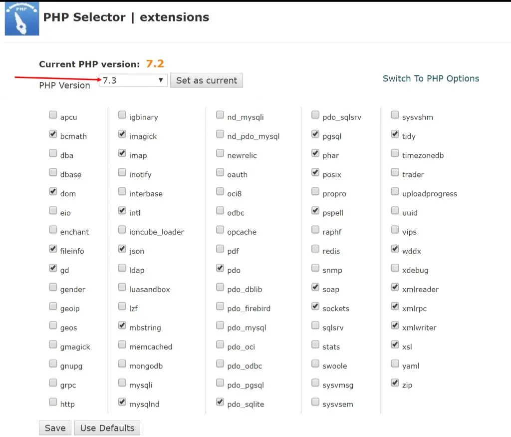 cpanel selecteer php versie 7 3