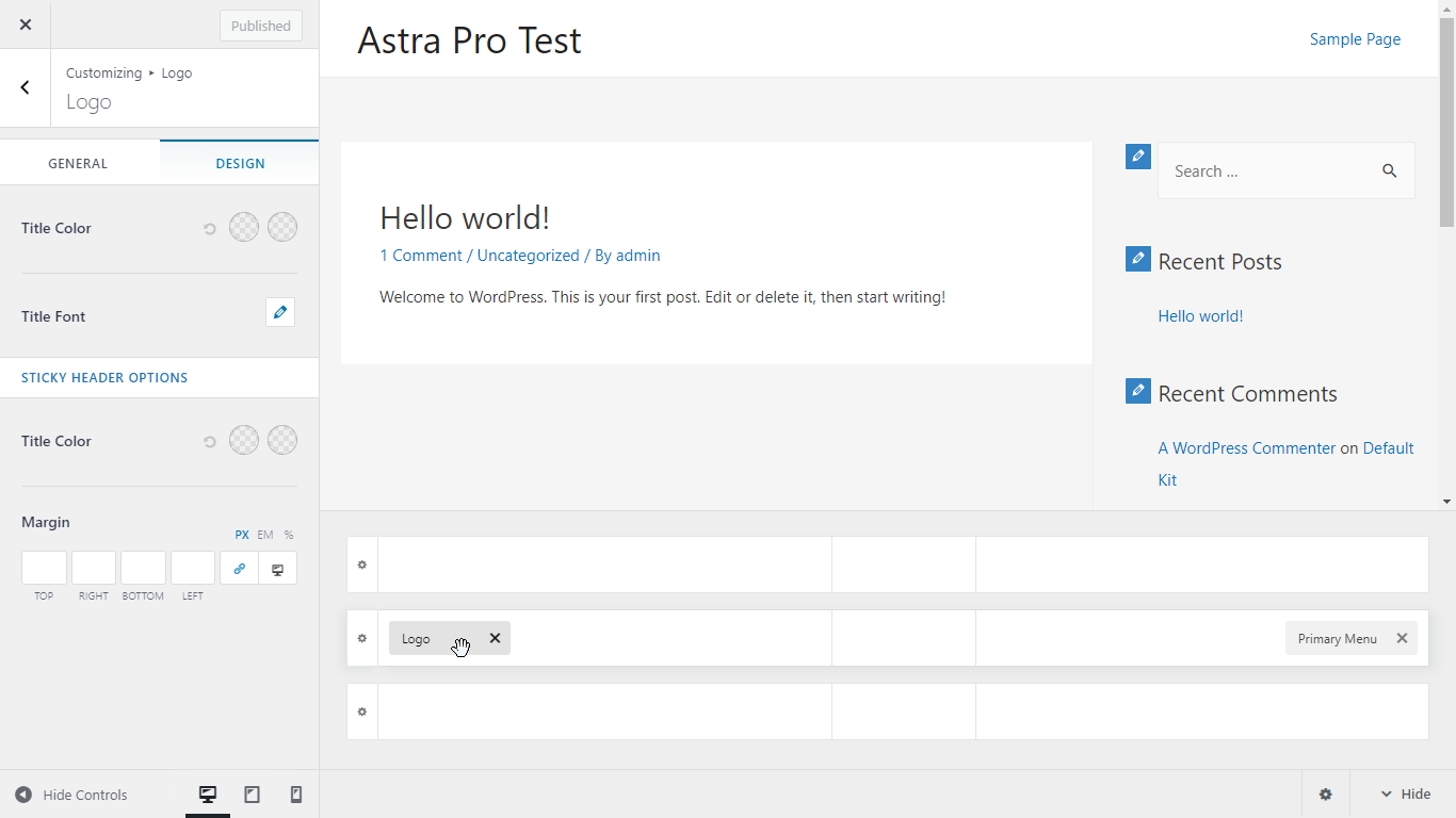 astra sidehoved footer builder