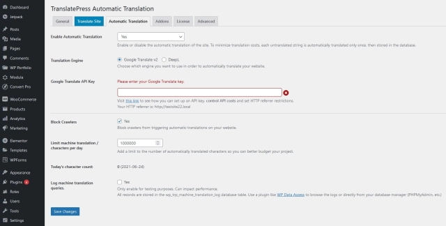 Configurando tradução automática
