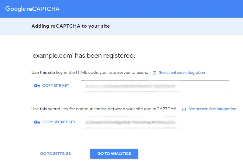 reCAPTCHA-Site und geheimes Schlüsselfenster