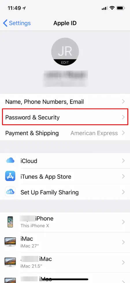 Como repor Apple Senha de ID - Clique em Senha e Segurança
