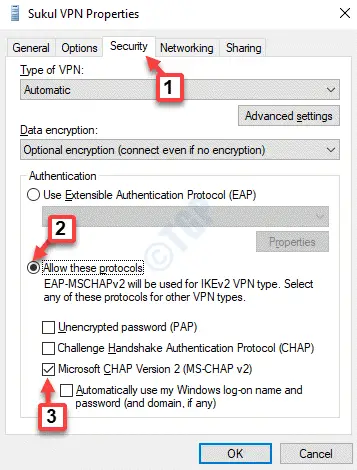 Propiedades de Vpn Seguridad Permitir estos protocolos Microsoft Chap Versión 2 (ms Chap V2) Ok