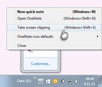 Utiliser l'icône de la barre d'état système OneNotes pour la capture d'écran