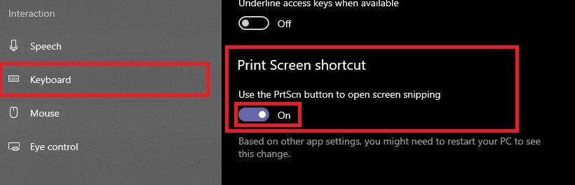 Vaya al panel de la barra lateral del teclado y habilite el atajo de pantalla de impresión prtscn