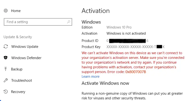 we can't activate windows on this device as we can't connect to your organization activation server