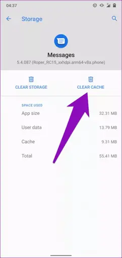 tap on CLEAR CACHE to perform a wipe of the residual files in the temporary memory