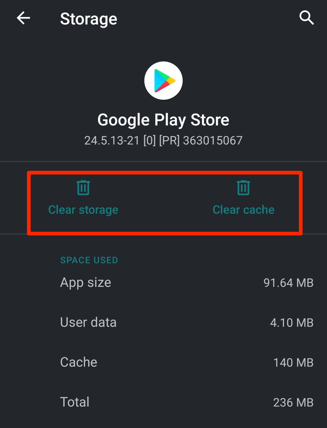 Botón Borrar caché y Borrar almacenamiento de Google Play Store