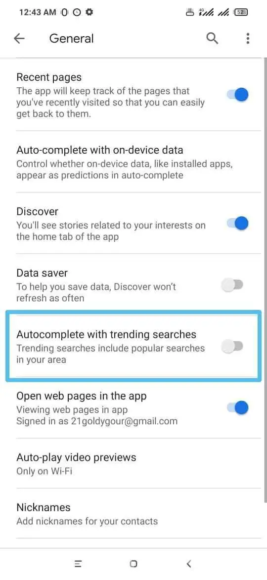 Turning off trending searches from chrome on Android device