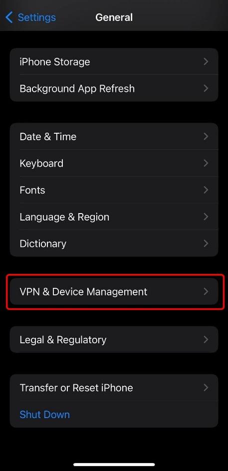 De generelle innstillingene på en iPhone, med alternativet "VPN & Device Management" uthevet.
