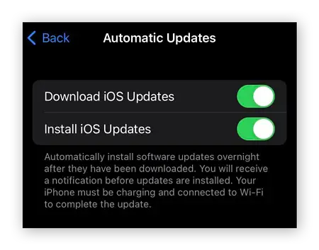 Schermata che mostra come attivare o disattivare gli aggiornamenti automatici di iOS.