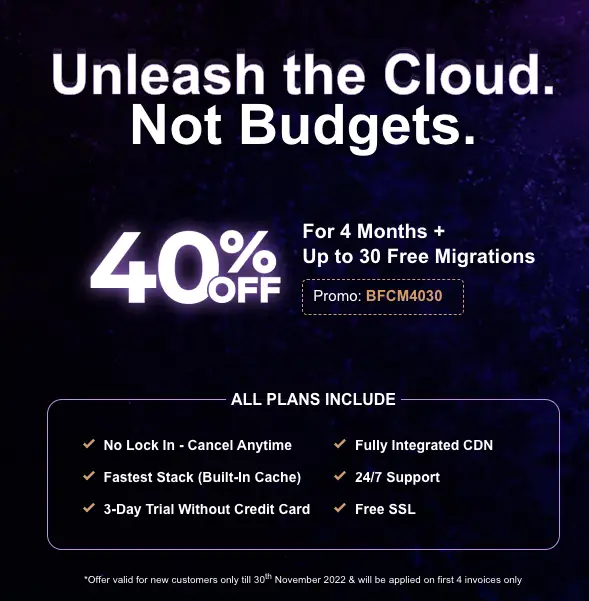 cloudways 40 % de réduction sur le Black Friday Cyber Monday 2022