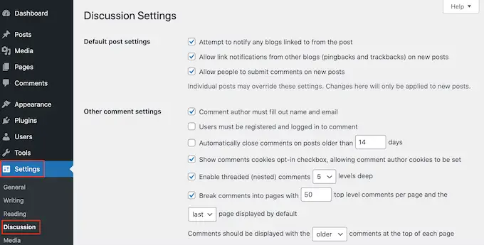 wordpress settings discussion paginate comments