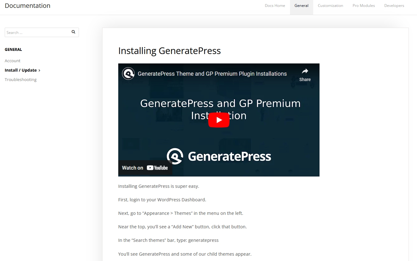 Support et documentation GeneratePress