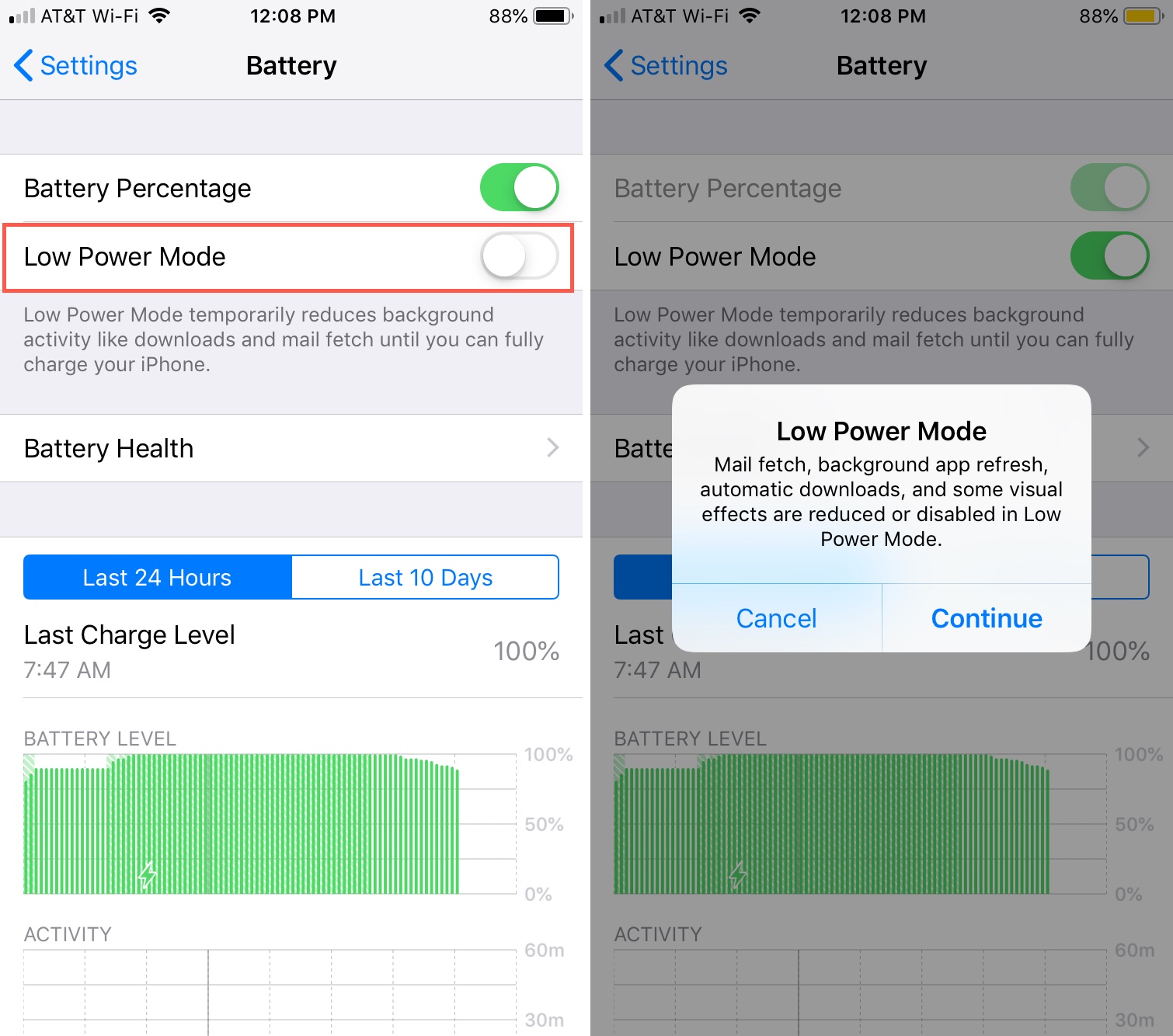 disable Low Power Mode on iPhone