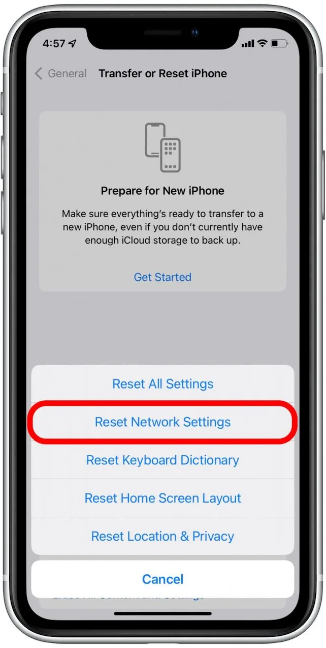 réinitialiser les paramètres réseau iPhone