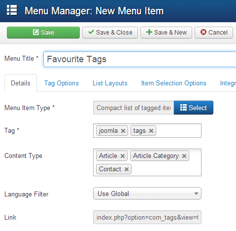 Pozycja menu Joomla pokazująca oznaczone elementy