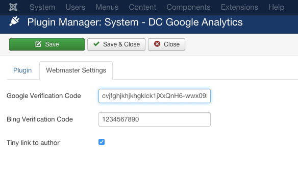 DC Google Analytics Plugin Joomla Parâmetros de webmasters do Google Bing