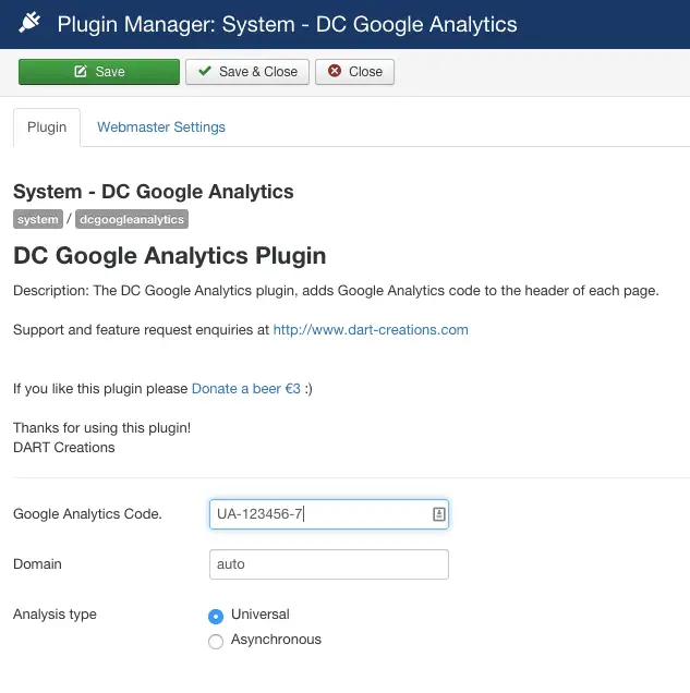 DC Joomla Google Anlaytics -pluginparametere