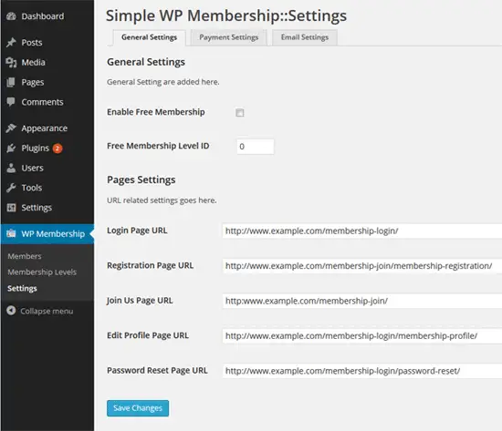 Simple WP membership plugin settings screen