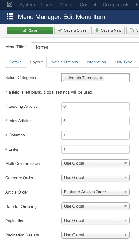 Personalizza il layout della pagina iniziale di Joomla