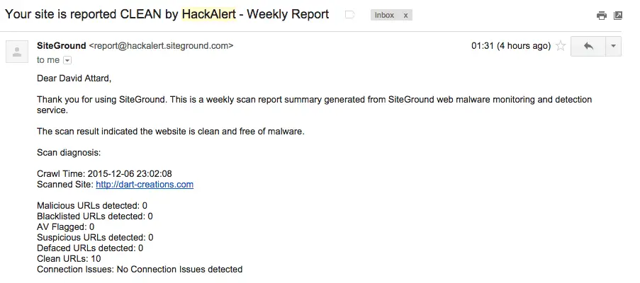 rapporto sul sito web pulito di monitoraggio hackalert