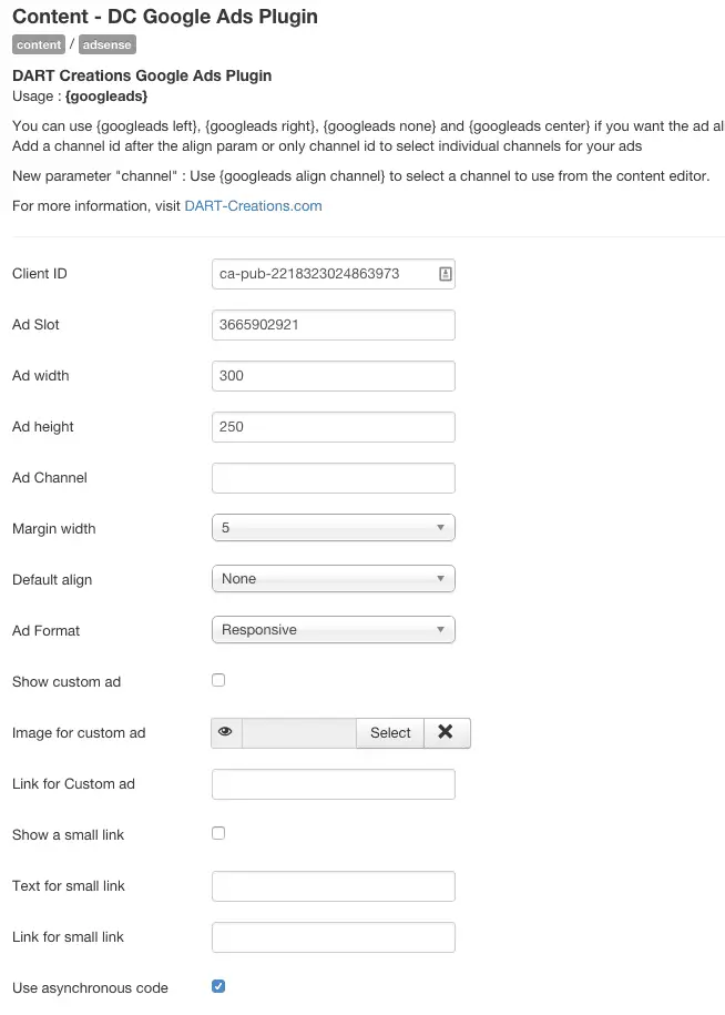 Anuncio personalizado de parámetros de AdSense de Joomla