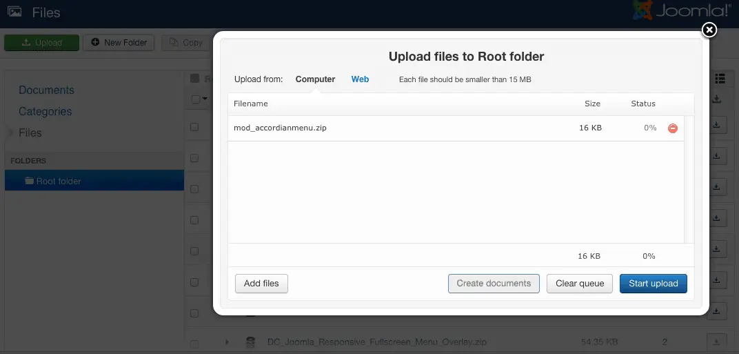 Joomla-utvidelser - Docman laster opp noen filer ved hjelp av dra og slipp eller på annen måte