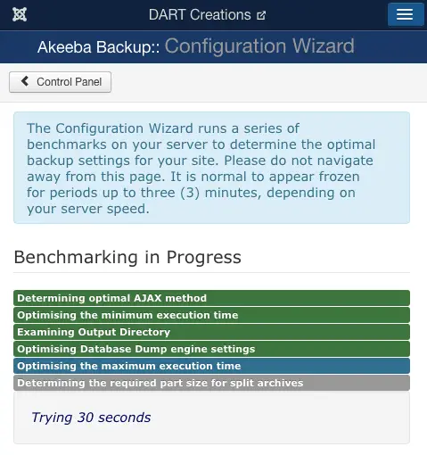 akeeba backup configuration wizard