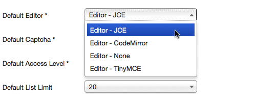 Joomla Content editor - indstillet som standard editor