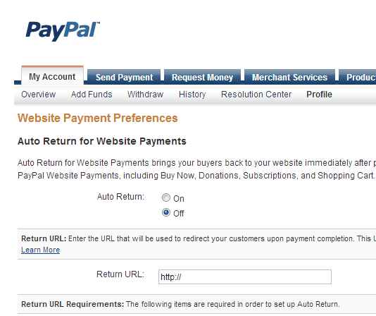 Configuração de retorno automático do Paypal