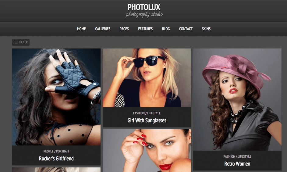 Photolux - valokuvaus tumma web-suunnittelu wordpress-teema