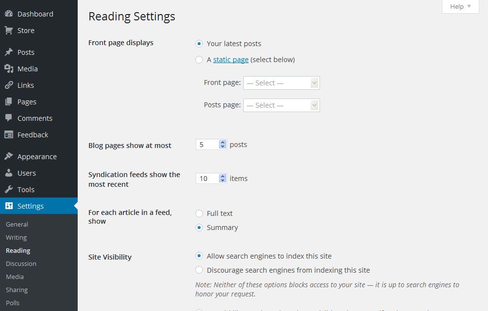 Configurações de leitura ideal do Wordpress