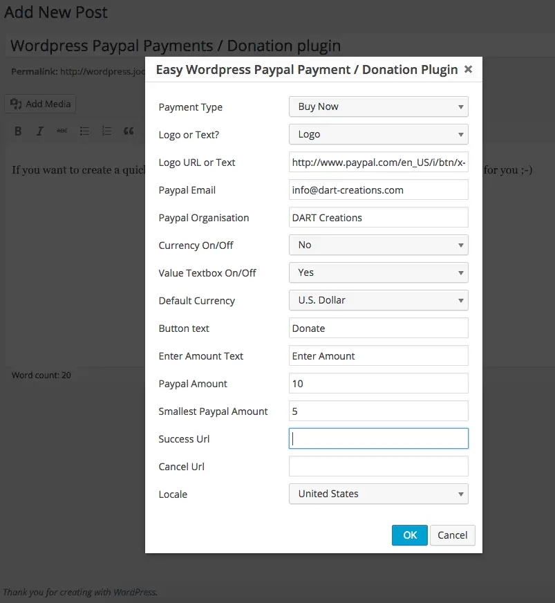 Opciones del complemento de Wordpress