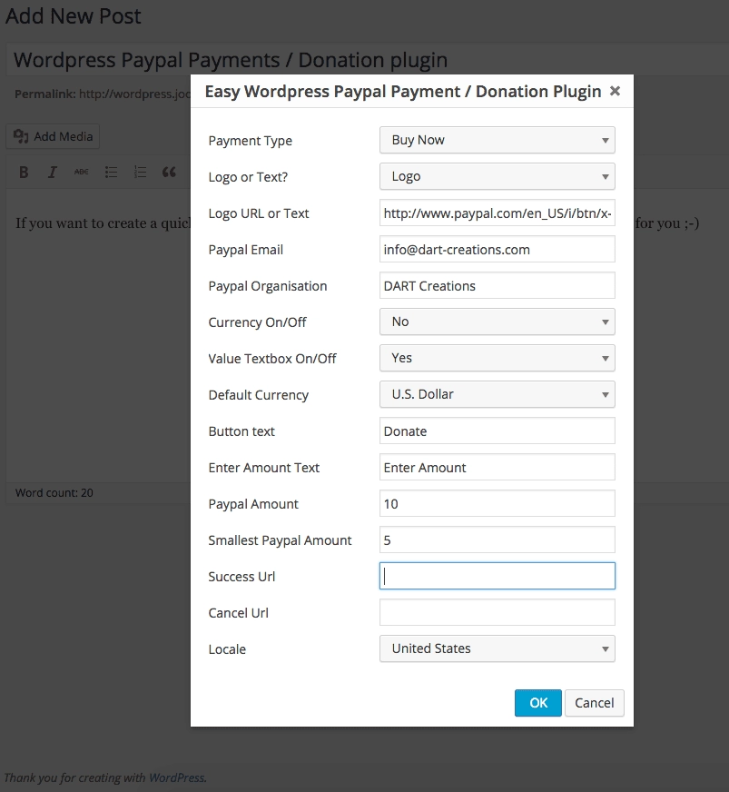 Opções do plugin Wordpress