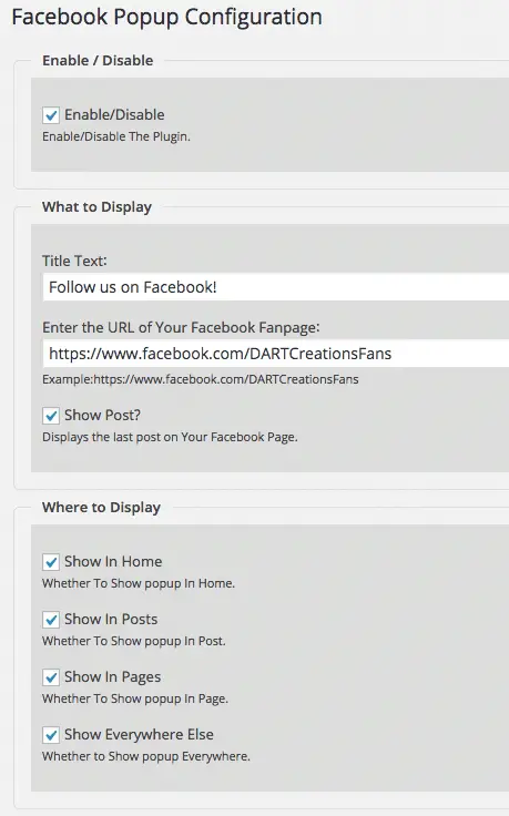 Opções de configuração do plugin Wordpress Facebook Like Popup