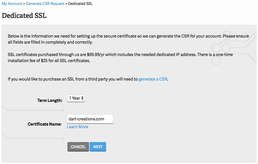 Detalles para la compra de un certificado SSL dedicado