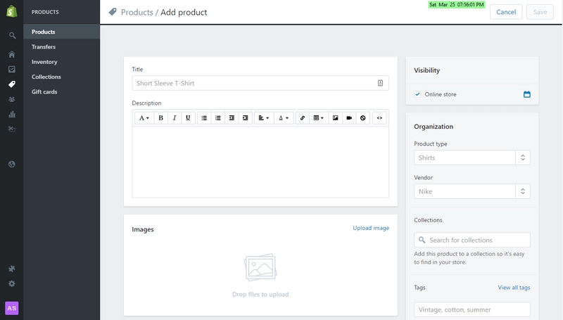 shopify oprette produkt