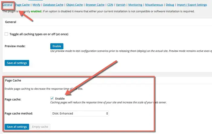 Paramètres de cache de page dans W3 Total Cache